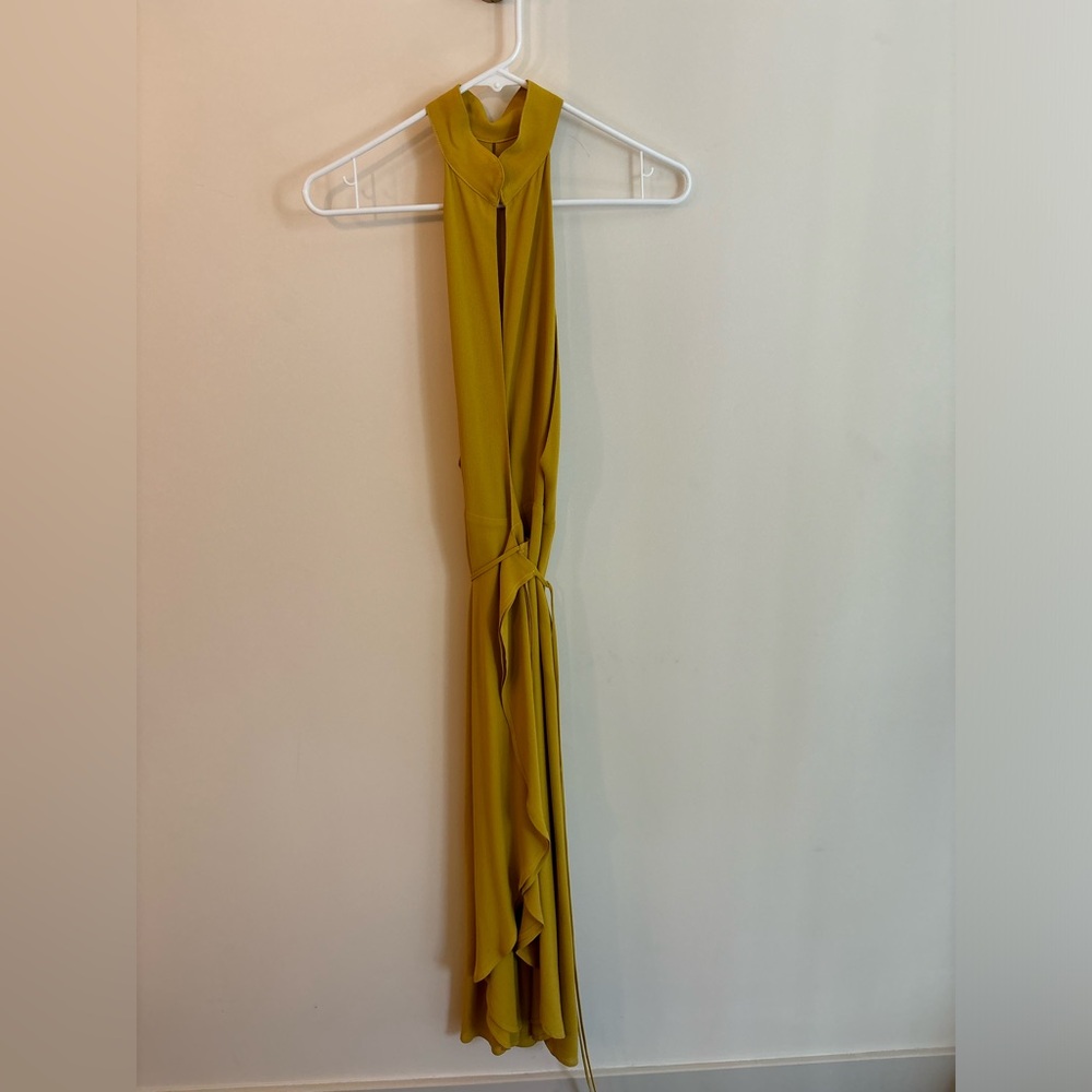 Reformation wrap dress in mustard yellow